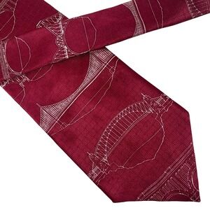 Josh‎ Bach Mens Red Silk Necktie Tie White Bridge Blueprint Pattern Architecture